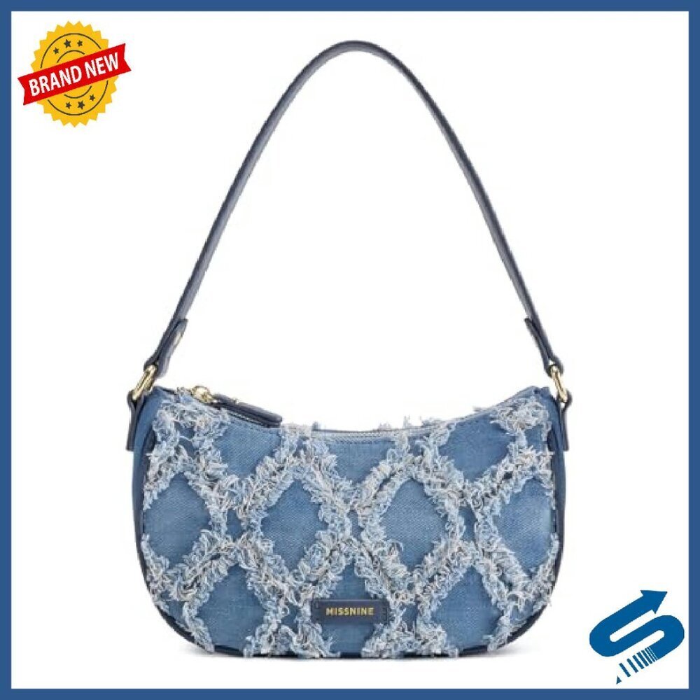 Distressed Denim Hobo Shoulder Bag with Adjustable Strap Mini Purse - Picture 2 of 8